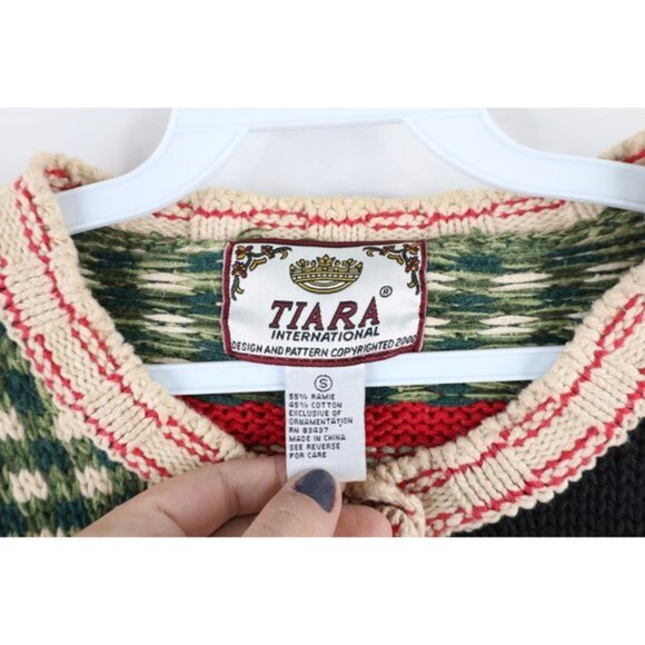 Vintage Y2K 2000 Womens Small Checkered Christmas Knit Button Cardigan Sweater - Picture 7 of 10